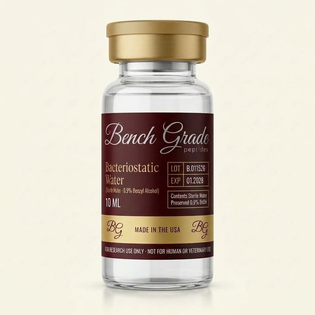 Sealed 10 mL bacteriostatic water vial with a gold crimp cap and a Bench Grade Peptides label