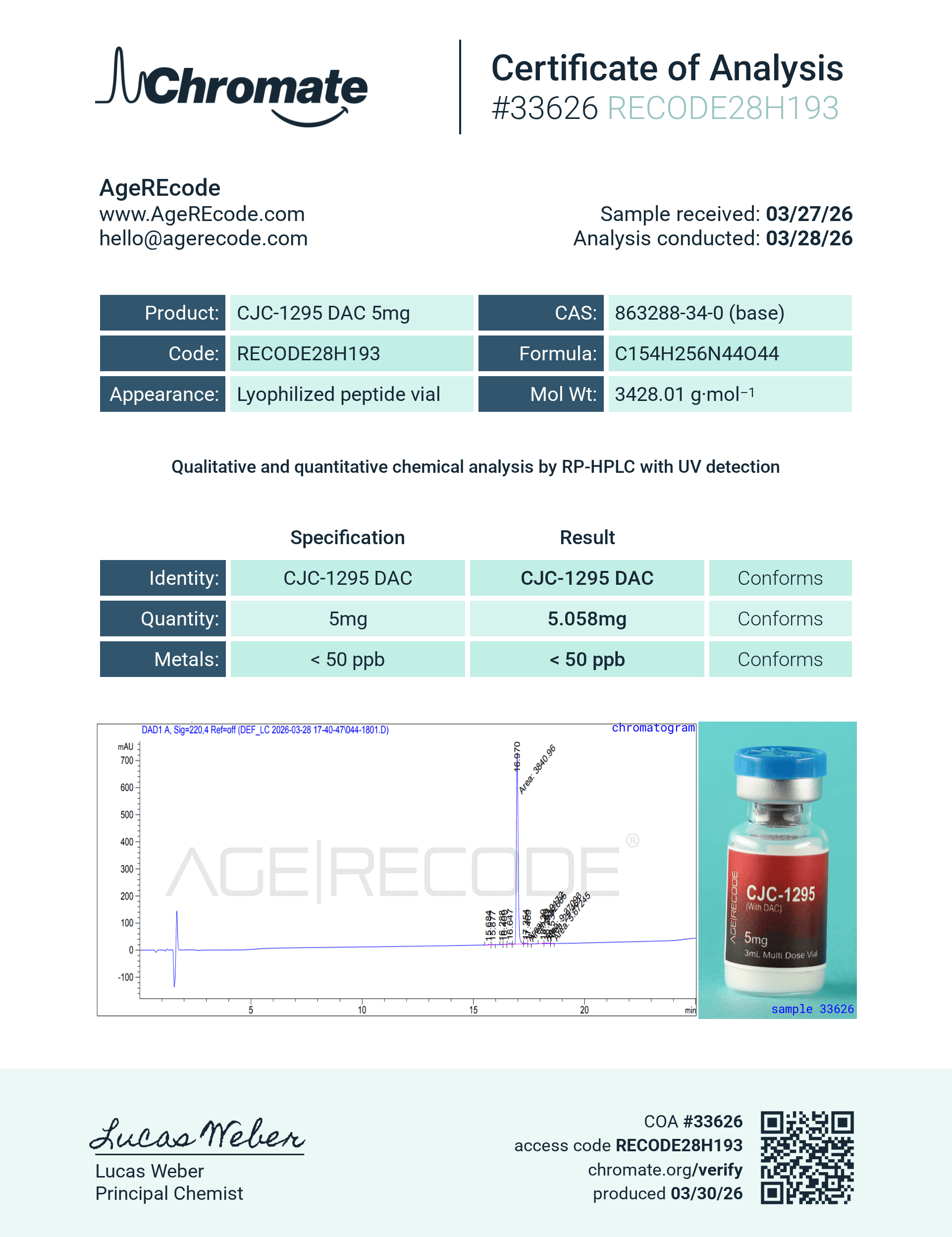Certificate of Analysis — CJC-1295 with DAC 5mg batch RECODE28H193