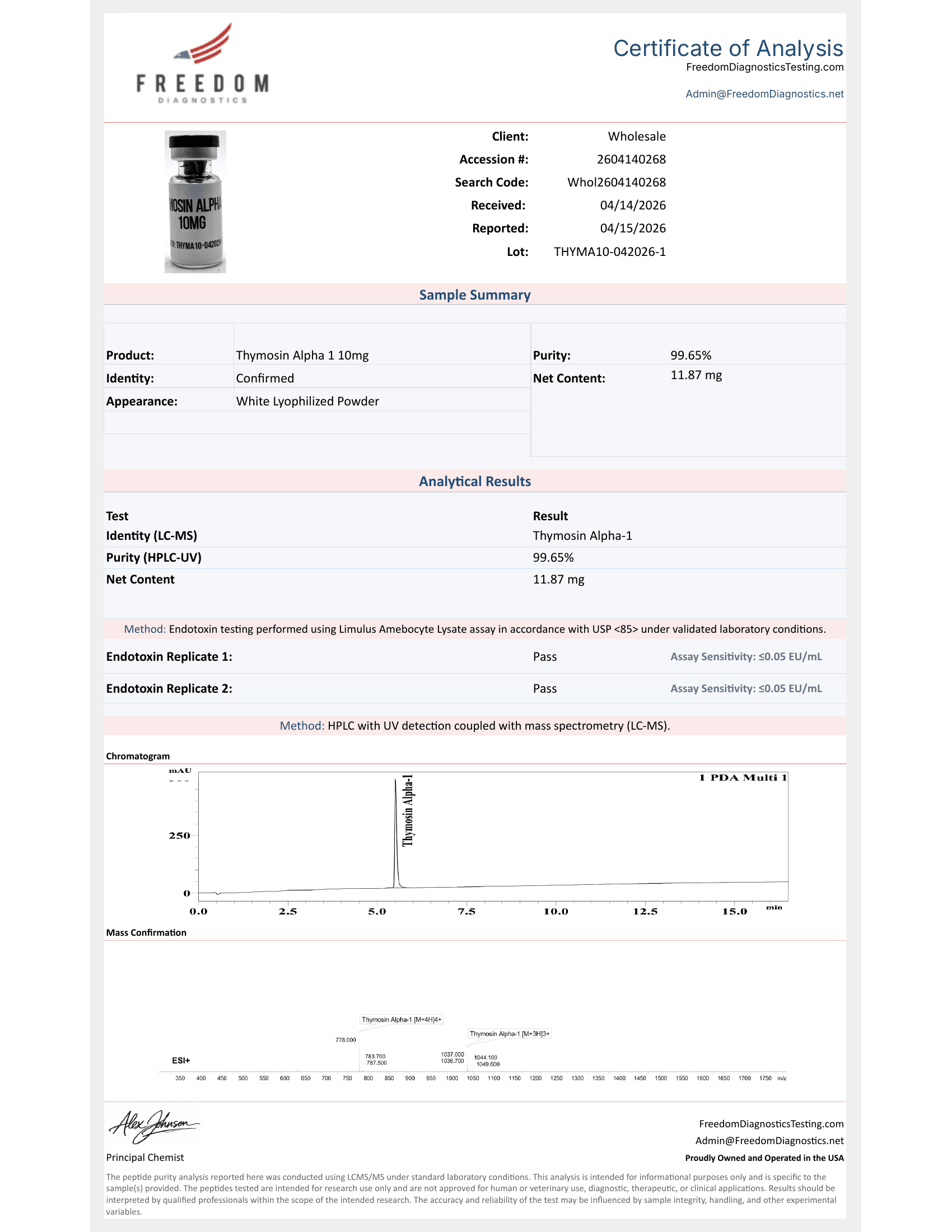 Certificate of Analysis — Thymosin Alpha-1 5mg batch THYMA10-042026-1